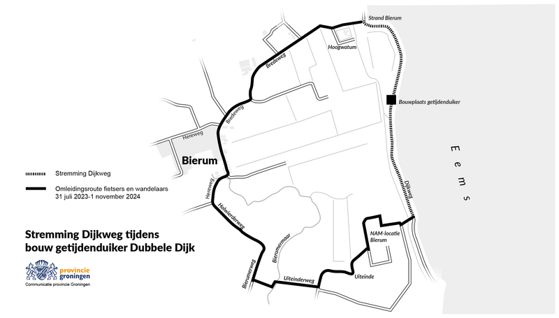 Kaartje met een omleiding voor fietsers en wandelaars Dijkweg in Bierum