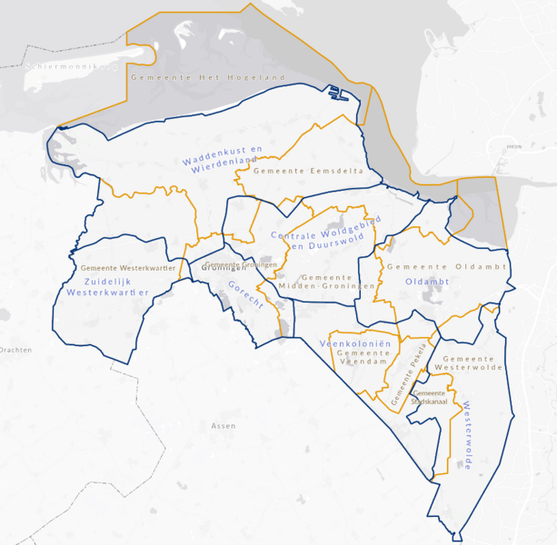 Kaart waar de gemeentegrenzen op worden aangegeven